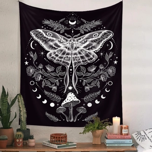 Bohemian black tapestry featuring white moth and moon phases for wall decor