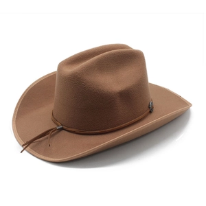Detail of a brown felt cowboy hat featuring a thin cord band and a round metal buckle