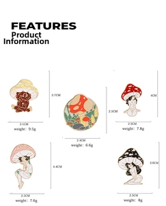 Detailed size and weight specifications for five creative mushroom girl enamel pin designs