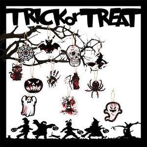 Trick or Treat Halloween hanging ornaments featuring ghosts skulls and pumpkin decorations