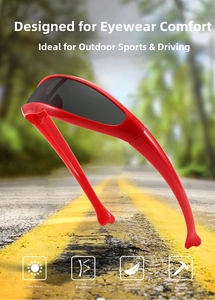 Detail of red wraparound sports sunglasses with seamless lens for outdoor cycling