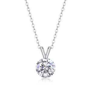 Elegant S925 silver necklace with a brilliant round moissanite pendant on white background