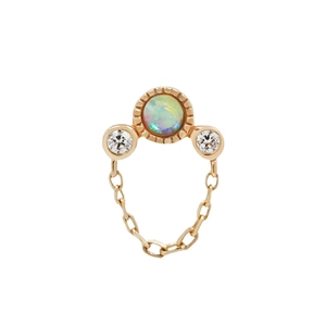 Detail of S925 sterling silver opal stud earring with elegant gold tassel chains