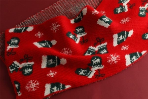 Close-up of red knit scarf showing festive Christmas hat and snowflake patterns