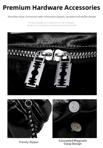 Close-up of textured silver hardware and durable magnetic snap on black leather bag