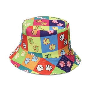 Colorful checkered reversible bucket hat with playful cat and dog paw prints