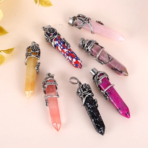 Hexagonal natural stone pendants featuring vintage rose alloy wraps and amethyst crystals