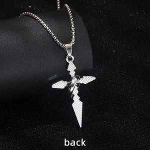 Silver stainless steel cross pendant necklace with box chain, detailed back view texture