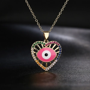 18K gold plated copper necklace with a pink heart devil eye pendant and rainbow zircons