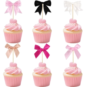 Cake Topper Bows Decorative Ribbon Satin Bowknot Wood Stick Dessert Cupcake Insert For Birthday Party Mother's Day Event