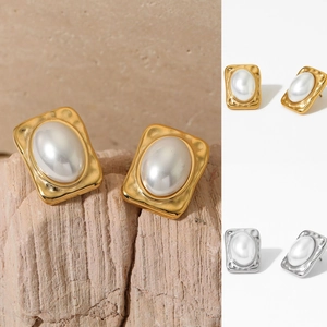 Vintage Barock Ohrstecker Mit Kunstperle Und Gehämmertem Edelstahl Geometrisch Rechteckig Französischer Stil Für Damen
