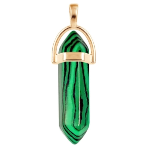 Detail of green malachite hexagonal prism pendant with gold metal setting and bail