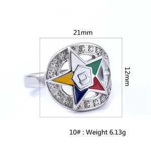 Stainless steel OES star ring with colorful enamel inlay and Masonic symbol engraving