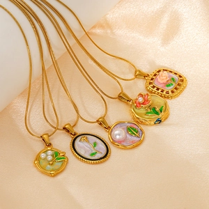 Enamel Rose Pendant Necklace Stainless Steel 18K Gold Plated Faux Artificial Pearl French Vintage Retro Oil Painting Style Clavicle Chain