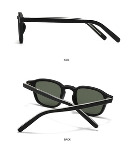 Vista lateral y trasera de gafas de sol retro negras con lentes oscuras tintadas