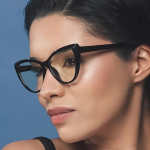 Elegant black cat-eye anti-blue light glasses frame shown on model in a profile view