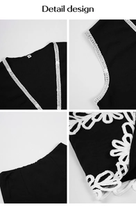 Détails du haut noir à col en V avec dentelle au crochet blanche et tissu texturé