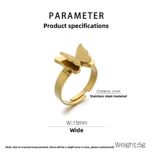 Detailed view of 18K gold plated butterfly ring with 15mm width and adjustable band
