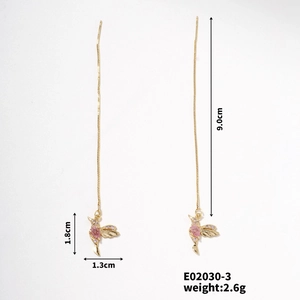 Detailed dimensions of gold hummingbird ear threads with pink gemstones and crystals
