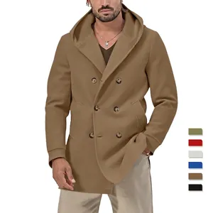 Men Hooded Trench Coat Double Breasted Mid Length Polyester Spandex Blend Casual British Style Solid Color Jacket