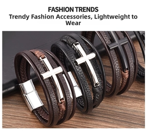 Detail of multi-layer braided leather bracelets with metal cross and magnetic clasp