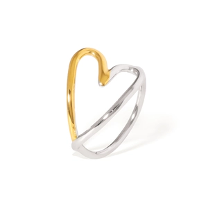 Polished two-tone heart open ring in gold and silver stainless steel minimalist style