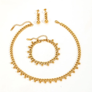 Golden stainless steel jewelry set with chunky chain and multiple round bead pendants