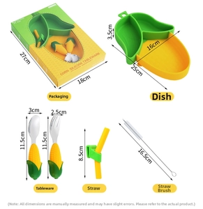 Detailed dimensions of corn-shaped silicone baby plate and stainless steel cutlery set