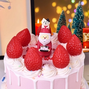 Mini Christmas cake with Santa and cat toppers on strawberry cream decoration