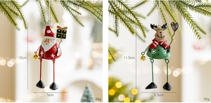 Detail of metal Santa and reindeer ornaments with dangling legs on a Christmas tree