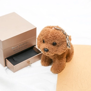 Brown curly teddy dog plush keychain with elegant champagne gold gift box packaging