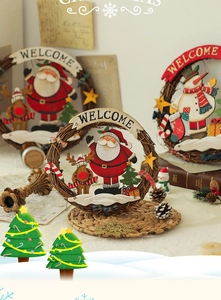 Detail of Christmas welcome sign with Santa, snowman and reindeer on wooden wreath