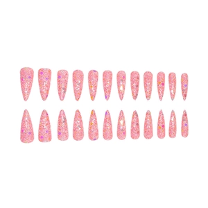 Detailed set of 24 pink stiletto press-on nails with colorful glitter finish on white background