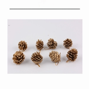 Set of eight gold-painted natural pine cones with hanging loops for Christmas tree decor