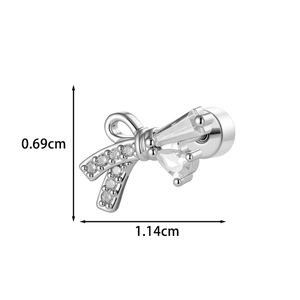 Exquisite silver bow stud earring with sparkling zircon stones and detailed size measurements