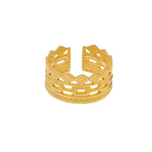 Detail of golden adjustable ring featuring hollow crown and layered chain textures