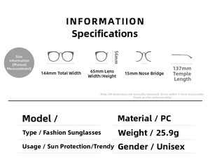 Detailed size chart for PC fashion sunglasses showing dimensions and weight information