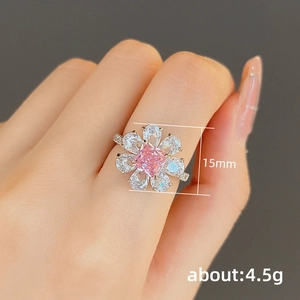 Pink flower ring with square zirconia center and white petal crystals, 15mm diameter