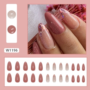 French almond press-on nails in dusty rose with glitter gradient finish, 24 pieces