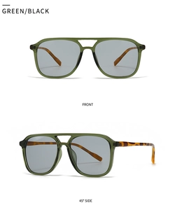 Front and 45-degree side view of modern square sunglasses in green and leopard pattern