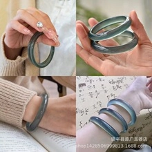 Detailed macro views of a translucent ice-blue chalcedony bangle with a smooth round shape