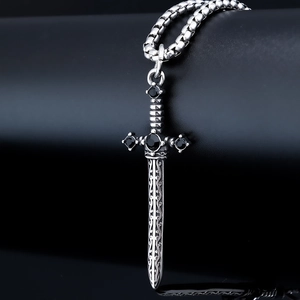Vintage sword pendant necklace in stainless steel with black rhinestones and box chain