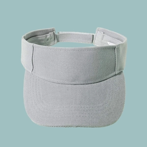 Detailed view of light gray sun visor with adjustable strap and decorative stitching