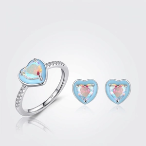 Heart Ring And Stud Earrings 925 Sterling Silver With Iridescent Zircon And Light Blue Enamel For Women Sweet Style