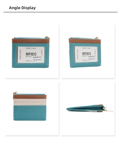 Detail view of ultra-slim RFID blocking wallet with multi-color stitching and cross texture