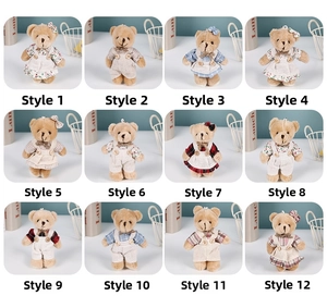 Detailed grid of twelve linen teddy bear pendants featuring various floral and denim outfits