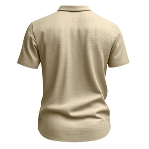 Rear view of a men's linen short sleeve shirt in beige featuring textured fabric detail