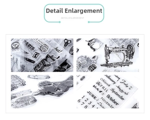 Close-up of vintage clear stamps featuring sewing machines and retro office patterns