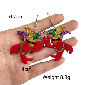 Mardi Gras acrylic lobster earrings with glitter jester hat and green bead necklace