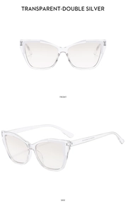 Front and side views of transparent cat eye sunglasses with double silver frame details